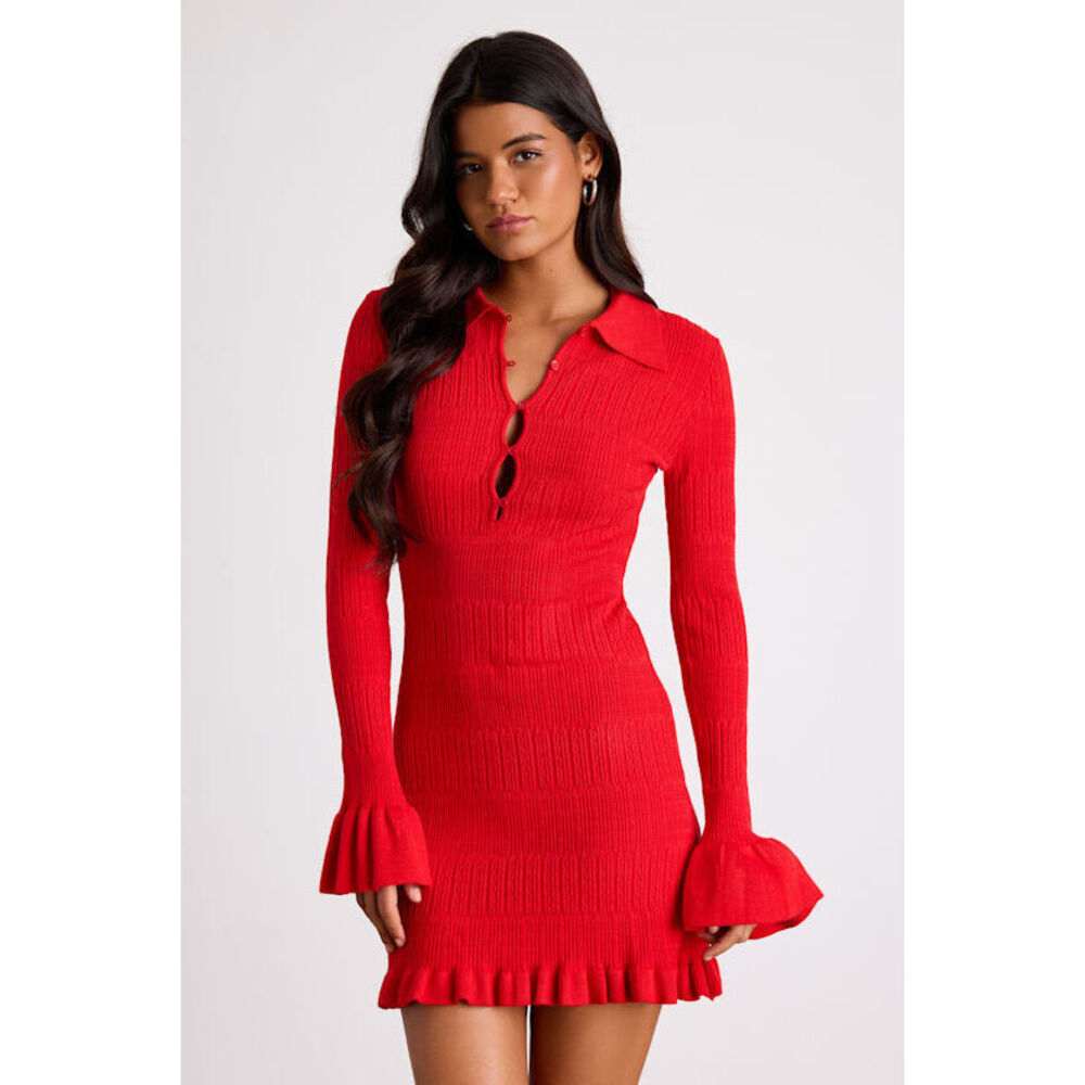 Lulus Coralee Red Textured Collared Ruffled Sweater Mini Dress - Size XS
